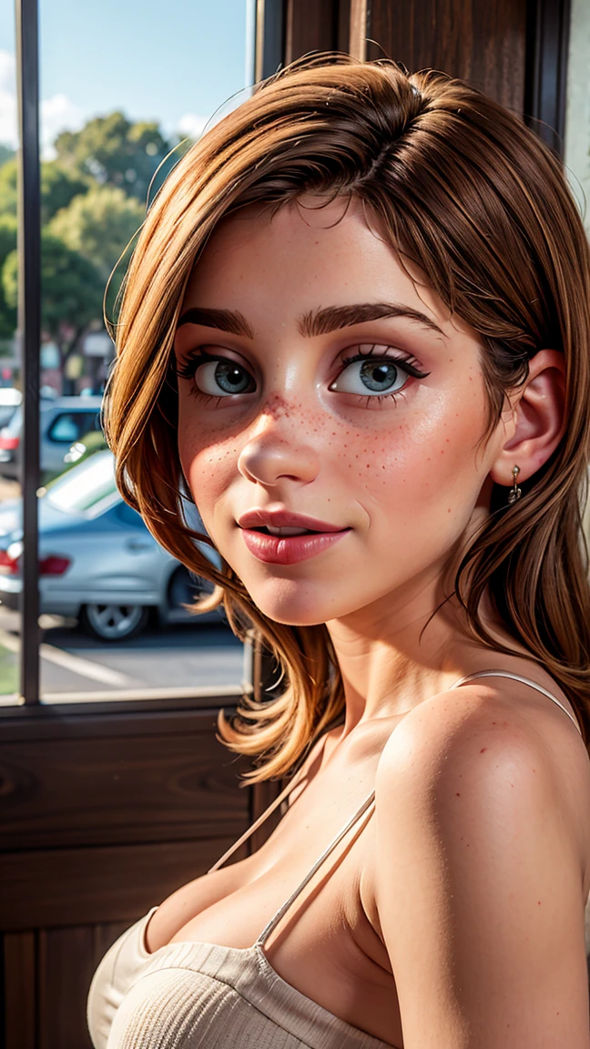 Imagem fotorrealista ultra-realista de rosto inteiro de uma deusa milf de 45 anos com um rosto lindo e olhos azuis profundos e um furinho no queixo encantador que cativa qualquer um que a conhece. Seu cabelo preto ornamentado cai graciosamente sobre os ombros, emoldurando seu rosto elegantemente. Full lips paint a smile. Your face is adorned with one or more blemishes, adding a touch of mystery and charm. Light freckles add a fun, natural look to your appearance, dando-lhe uma aura de frescor. Your beauty is a harmonious mix of unique and captivating features, tornando-a irresistivelmente atraente. - Mergulhe o espectador no charme extravagante de um visual, purposely avoiding direct eye contact with the camera, focando para a direita. O modelo, vestida com maquiagem ousada, has a captivating expression and a mix of seductive mystery.