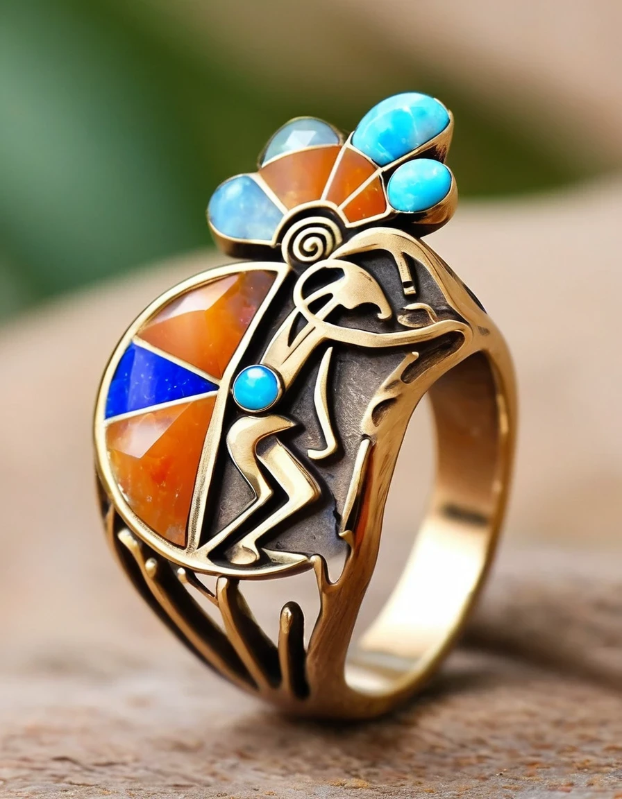 A minimalist ring design of Kokopelli, the rain god playing the flute, holding an oval double opal stone，Indian elements，geometry，The matching stones are small amounts of lapis lazuli and turquoise，Coffee color，Orange，Clams，feather，gem，Retro，Old，Soft Light