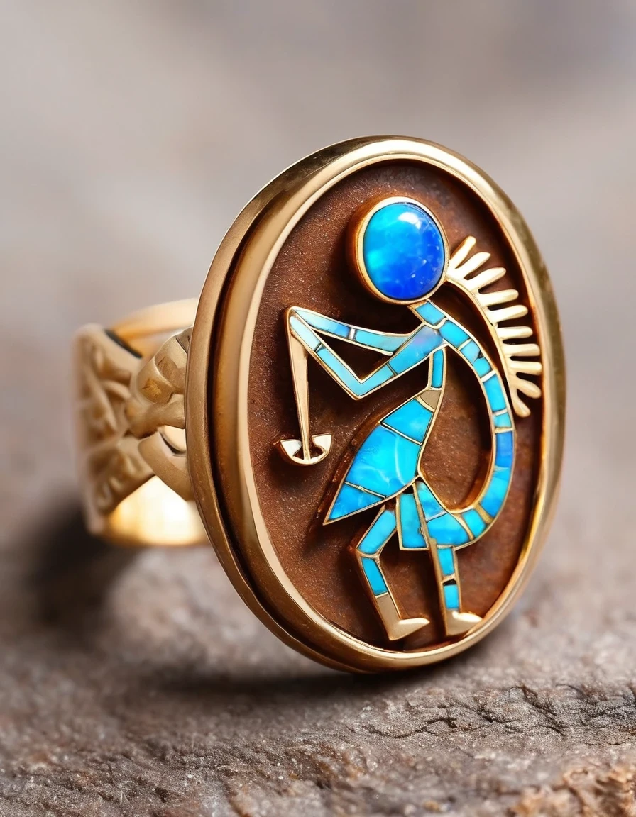 A minimalist ring design of Kokopelli, the rain god playing the flute, holding an oval double opal stone，Indian elements，geometry，The matching stones are small amounts of lapis lazuli and turquoise，Coffee color，Orange，Clams，feather，gem，Retro，Old，Soft Light