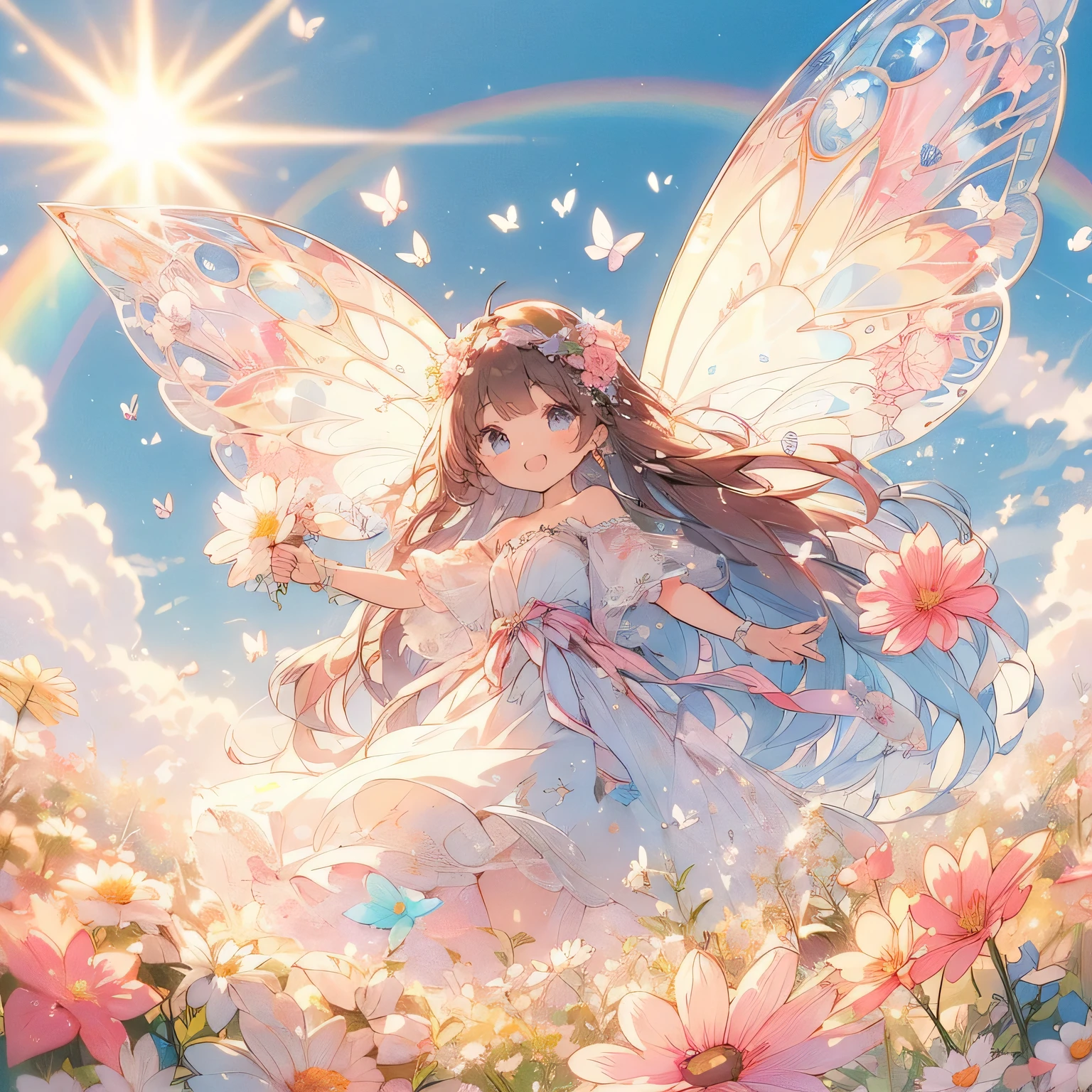 (Exquisite, beautiful, Very detailed, masterpiece, High resolution,high quality,High resolution),(Well-formed face,Soft and thin lines: 1.2, beautiful, Delicate and vivid illustrations with a mature and clear feel) ,(A princess with fairy wings like a butterfly is holding flowers she picked in a flower field under a big rainbow, the sun, and a beautiful blue sky.), ((Ultra Wide Shot, Ultra-wide angle of view,whole body)) ((fun, looks fun,smile,Full of energy)), (corolla, Earrings, Beautiful choker,), ((pastel colourのボールガウンドレス, Balloon Sleeve,Fairy wings from the back)), (Deep pink cheeks、Plump pink lips,Big Bus, Fair skin, Good style), (Light of the sun, pastel colour, Bright atmosphere, colorful, Bright colors,Fantasy),