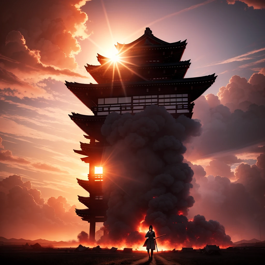 Beautiful half-length image, Small Breasts, Short flowing black hair, Wearing exquisite samurai clothes, Dystopian Planet, Ominous Sun, Red and pink clouds, black smoke background, Dynamic Lighting, Action poses, 8k, high resolution