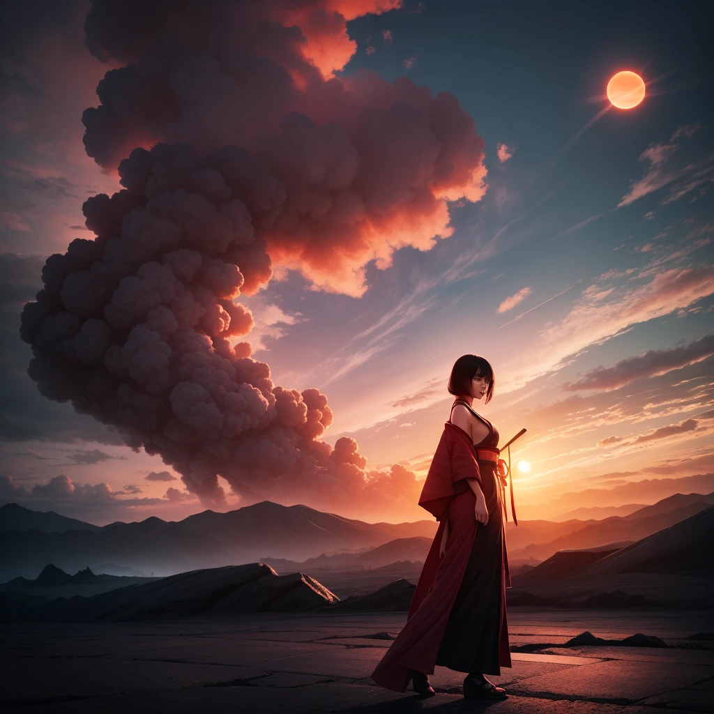 Beautiful half-length image, Small Breasts, Short flowing black hair, Wearing exquisite samurai clothes, Dystopian Planet, Ominous Sun, Red and pink clouds, black smoke background, Dynamic Lighting, Action poses, 8k, high resolution