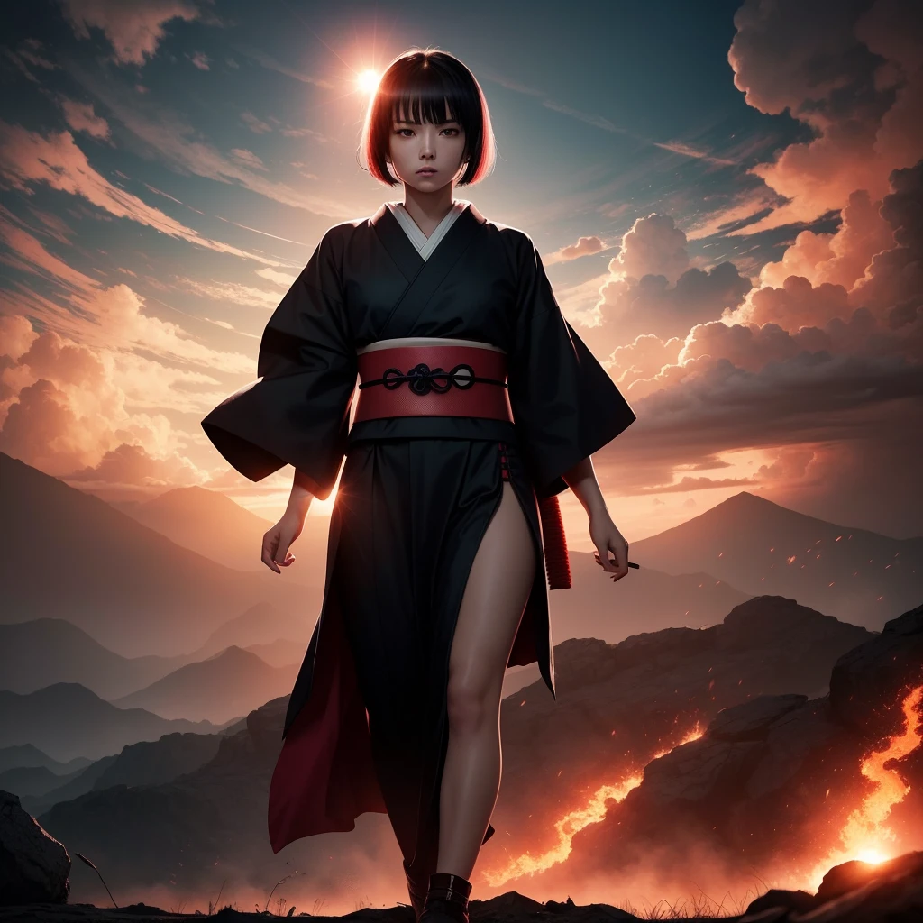 Beautiful half-length image, Small Breasts, Short flowing black hair, Wearing exquisite samurai clothes, Dystopian Planet, Ominous Sun, Red and pink clouds, black smoke background, Dynamic Lighting, Action poses, 8k, high resolution