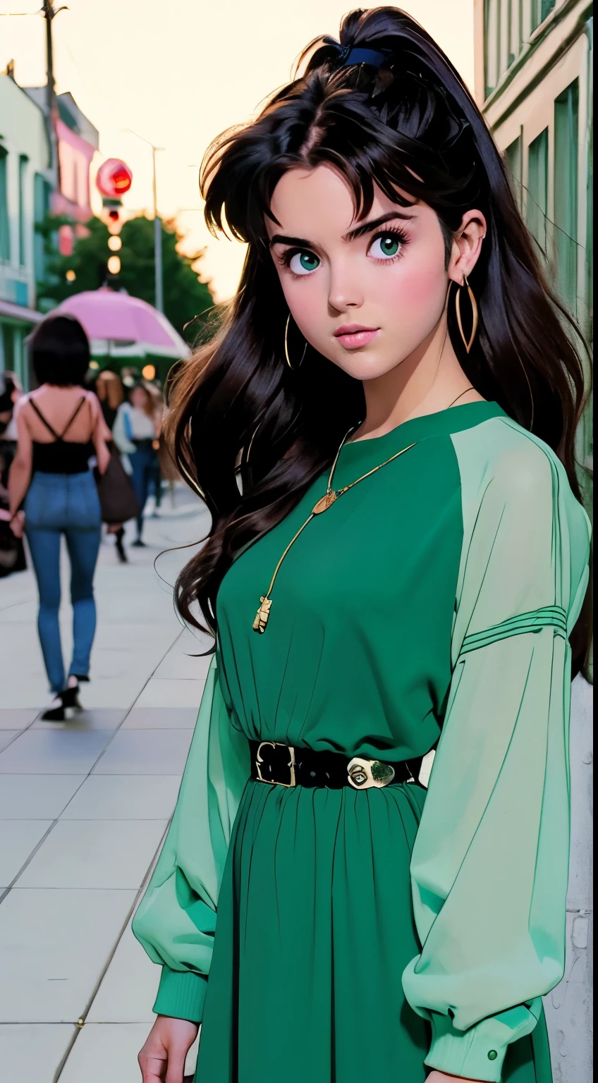 Highest image quality, 90s style anime, 21 year old girl, Misato Katsuragi Style, long hair, Light green eyes, wearing 90s fashion clothes , busy street, 90s street (masterpiece), (best quality), Rebecca Rittenhouse, 2000 style dresses, 2000s hairstyle