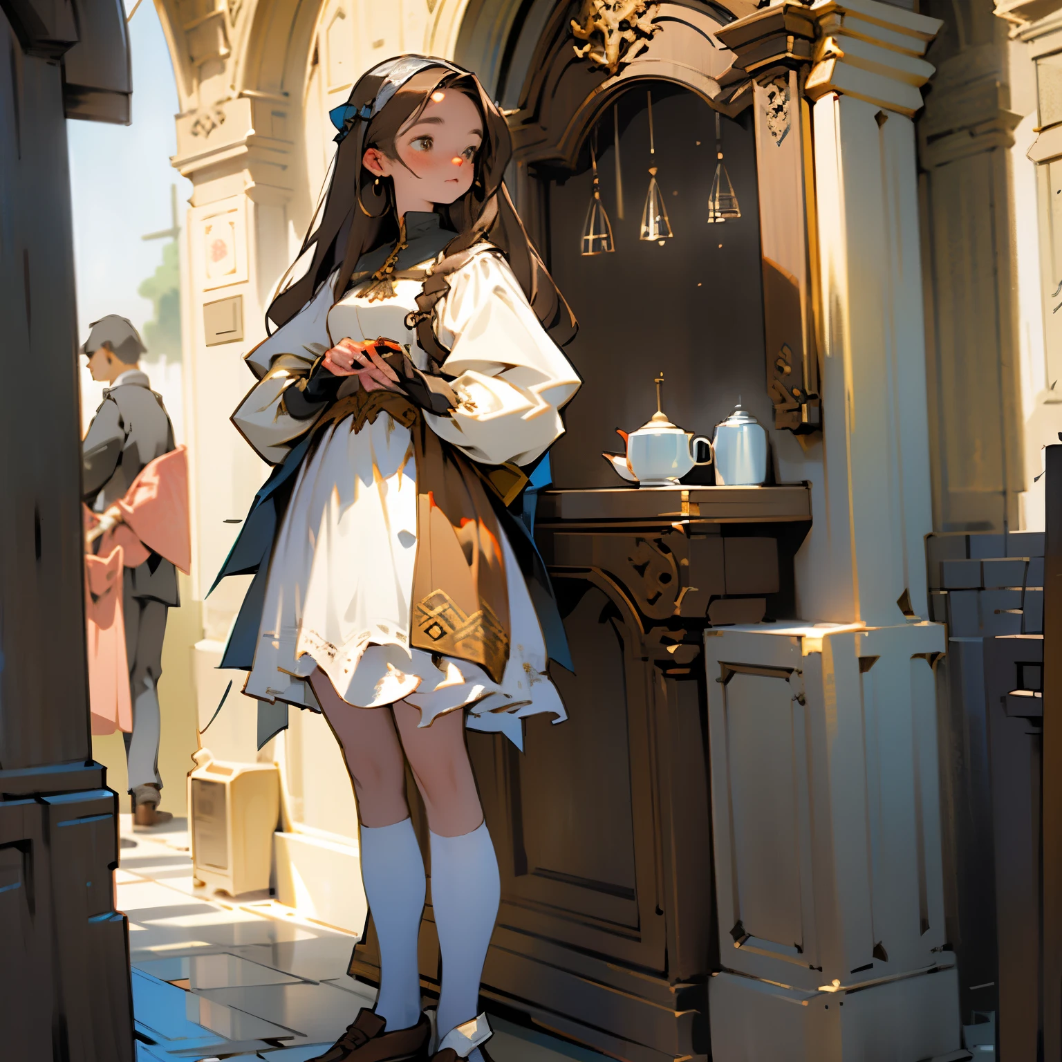 A 16 year old girl wearing a 1620s era dress, long brown hair, hazel eyes, standing in front of a simple cafe
