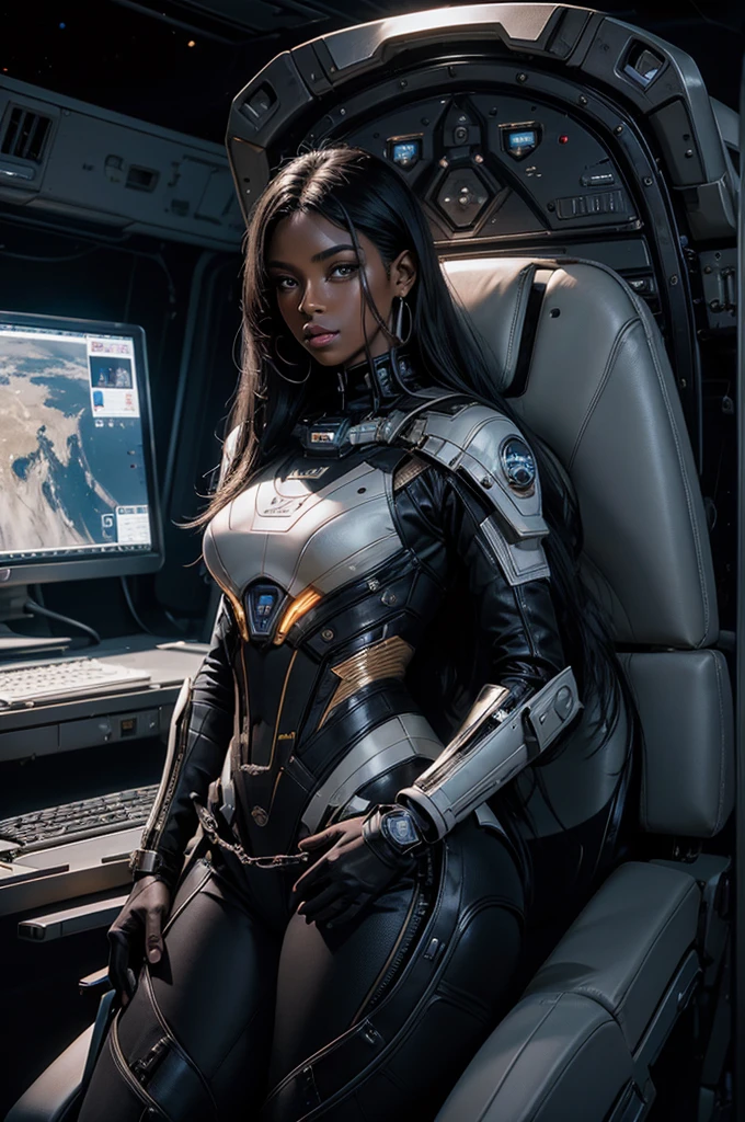 A beautiful woman stands in front of the command seat of the spacecraft. He has black hair and dark skin. Beautiful eyes. bridge of my nose. Beautifully shaped lips. She's wearing a black metal combat suit. There's something on my waist that reminds me of Kamen Rider's transformation belt. Very cool look.