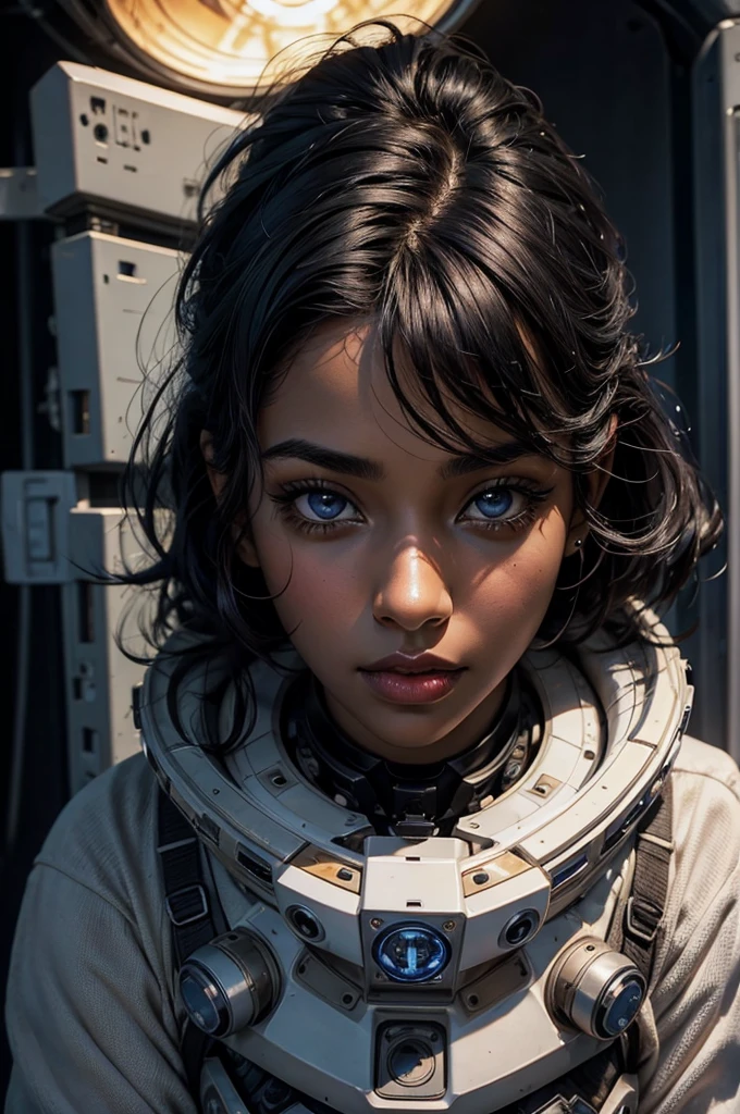 A beautiful woman stands in front of the command seat of the spacecraft. He has black hair and dark skin. Beautiful eyes. bridge of my nose. Beautifully shaped lips. She&#39;s wearing a black metal combat suit. There&#39;s something on my waist that reminds me of Kamen Rider&#39;s transformation belt. Very cool look.