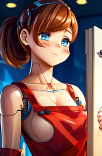 A Female robot is sleeping in the book, spread legs, nude, banzai pose. she wears no dress. She Brown short hair is tied with two big red clothespins, She lifts up the under hem of her white plain dress, leaning over, masterpiece, very short pigtails,brown hair, mature, android, blue eyes, full body figure, Height: 160cm, flushed cheeks, 2020s anime picture, A beautiful robot with short brown hair in two short pigtails held up by two very large huge red clothespins, Uplifting, No NSFW, whole body, barefoot, archaic smile, getting orgasm, 25 years old, sweat bucket.