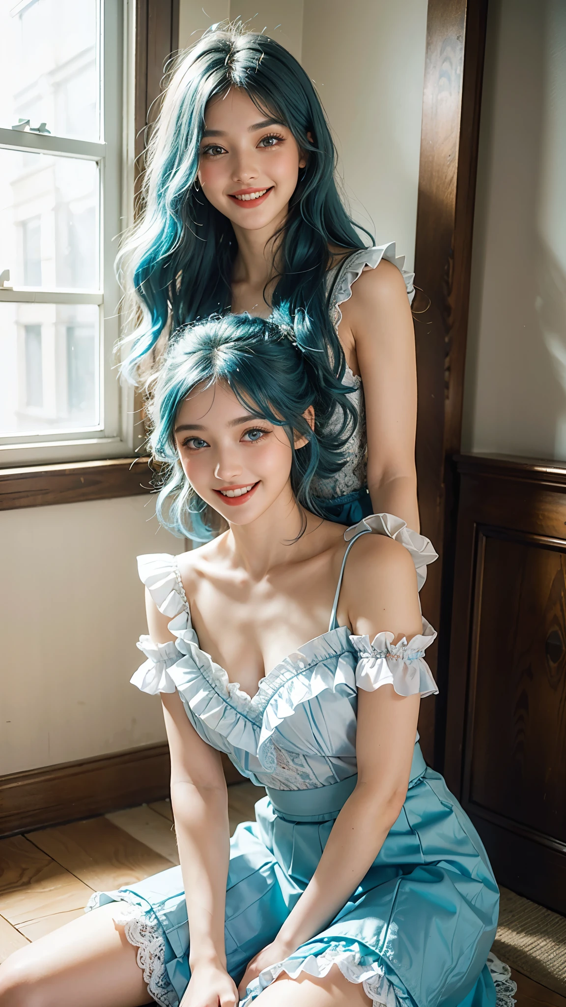 Ultra HD,masterpiece,4k,((I'm showing my teeth and smiling)),((Big smile))Light blue hair, Turquoise Eyes, Long eyelashes, Big Red Lips, Apricot-colored eyes, beauty, Girlish, Curly Hair, Princess,((Lace frill skirt)),