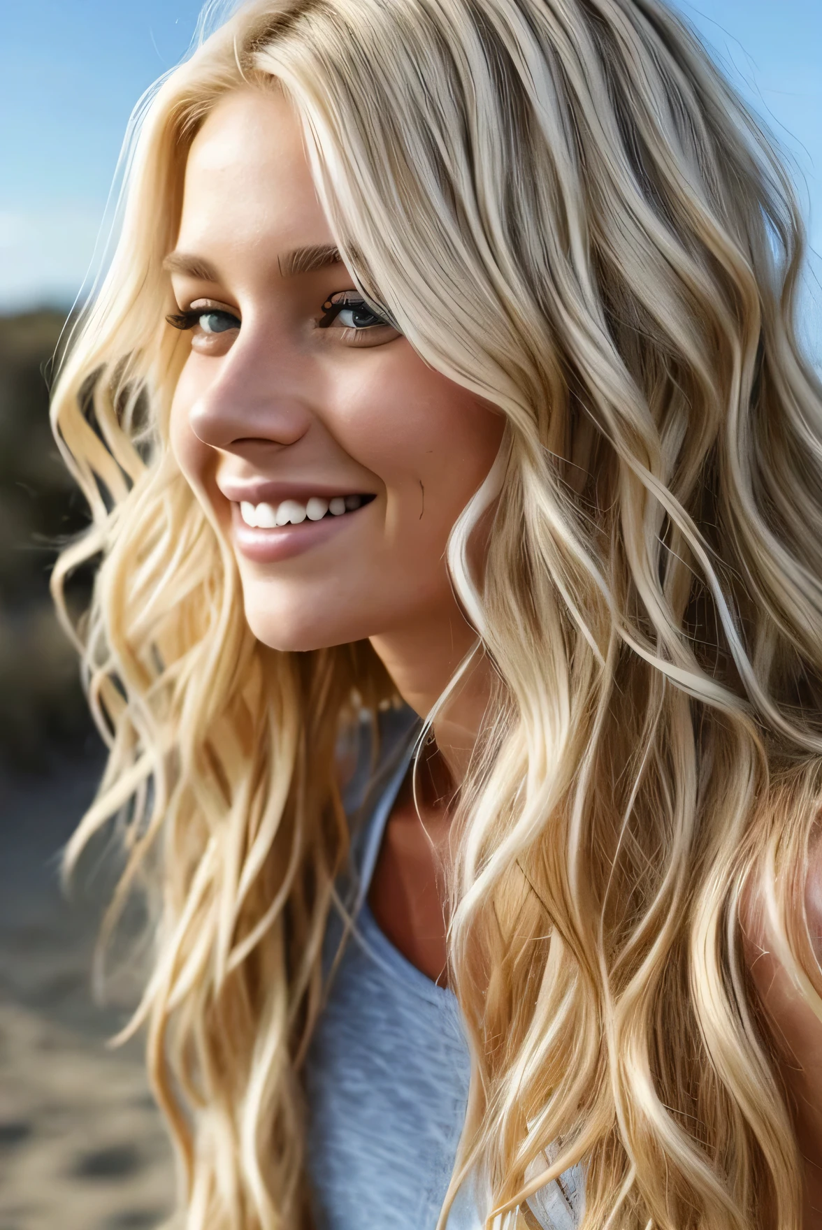 1 fille dans, 19 ans, Seulement, Long wavy hair, Colossal , long messy and windy blonde hair, camera facing down, à genoux sur le sol, regardant la caméra, demi sourire, bite your lip, cheveux blond, tout le corps, (fond d&#39;extremely detailed 8K display), Soft lighting, high quality, Grain du film, Mise au point nette du Fujifilm XT3, f5.6, 50mm,  high detail, sharpness,(natural light), (attractive), haut de sport en tricot, Thick stripes, jupe noire pure, developer, Realistic, Un sexy