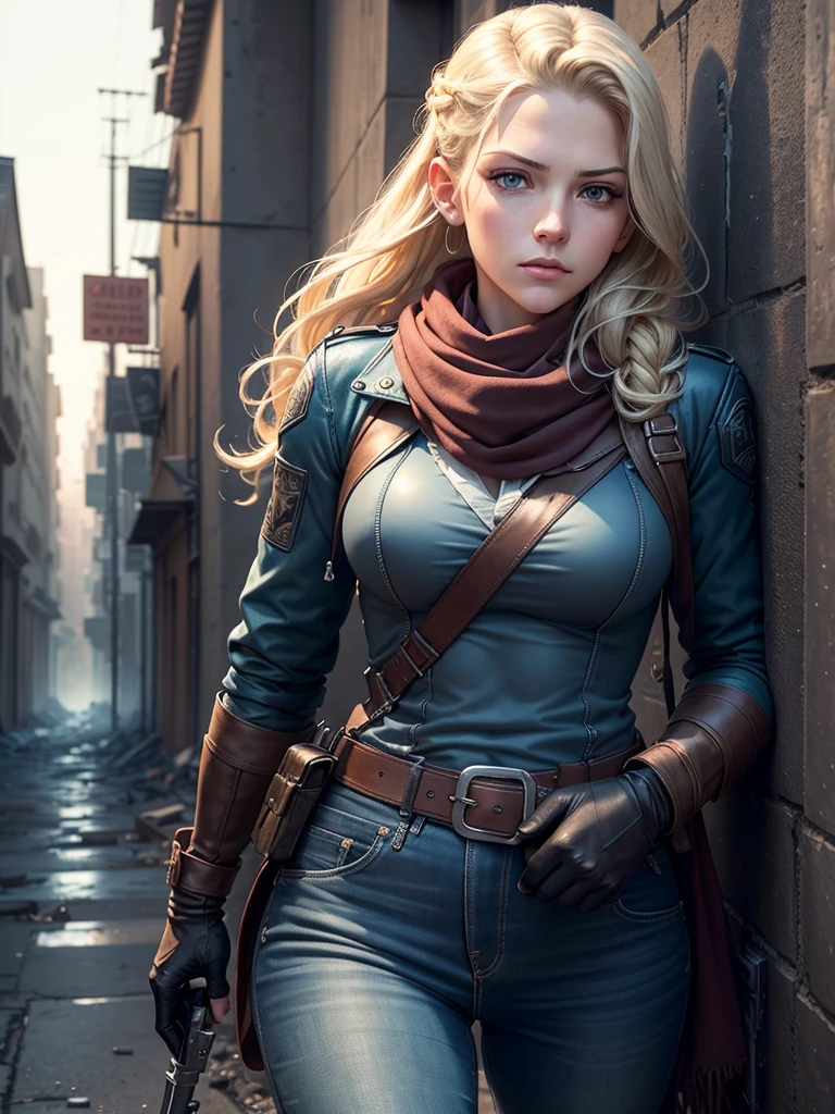 Dramatic Lighting, Deep shadows, Ruined streets, rubble, Fire, smokes, People flee, Katheryn Winnick, Blonde braids fluttering in the wind, Light blue eyes, A firm frown, Wearing a worn blue Goretex jacket, scarf, jeans, Gloves, Gear belt with holster and scabbard, Against the wall, Looked around