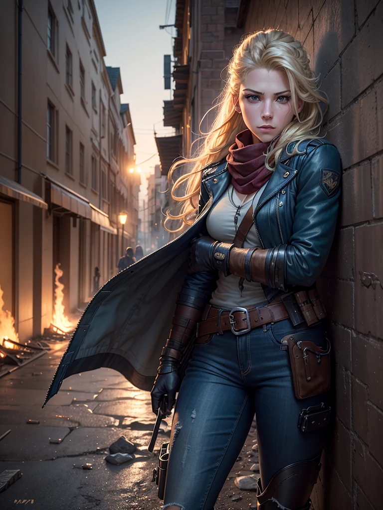 Dramatic Lighting, Deep shadows, Ruined streets, rubble, Fire, smokes, People flee, Katheryn Winnick, Blonde braids fluttering in the wind, Light blue eyes, A firm frown, Wearing a worn blue Goretex jacket, scarf, jeans, Gloves, Gear belt with holster and scabbard, Against the wall, Looked around