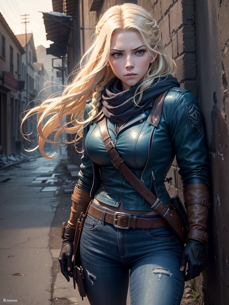 Dramatic Lighting, Deep shadows, Ruined streets, rubble, Fire, smokes, People flee, Katheryn Winnick, Blonde braids fluttering in the wind, Light blue eyes, A firm frown, Wearing a worn blue Goretex jacket, scarf, jeans, Gloves, Gear belt with holster and scabbard, Against the wall, Looked around
