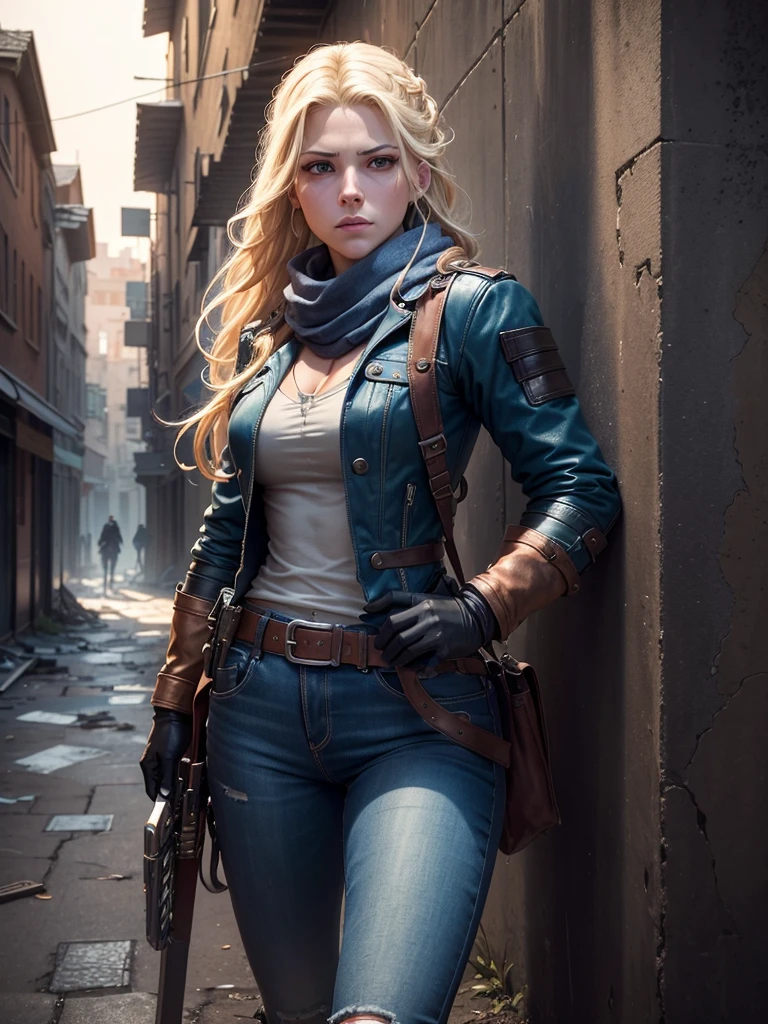 Dramatic Lighting, Deep shadows, Ruined streets, rubble, Fire, smokes, People flee, Katheryn Winnick, Blonde braids fluttering in the wind, Light blue eyes, A firm frown, Wearing a worn blue Goretex jacket, scarf, jeans, Gloves, Gear belt with holster and scabbard, Against the wall, Looked around