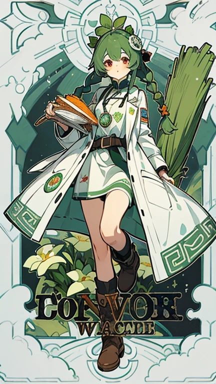 Victorian style, British background, Three No, Maid,broom, Red eyes, whole body圖, figure, Standing image,younger sister, Cheerful,Lovely, fantastic, mystery,Adventure boots,whole body,figure设定图,charactermorpg的Three View,1 girl,Green Hair,Double braid hairstyle,White long loose coat,Light sense of technology,Stockings,figure设定图,Three View,whole body圖,Yellow green and white,Work badge hanging around neck,Metal badge,carrot hair ornament,belt,Leg straps,Four Leaf Clover,Plant decoration,apron,witch,witch帽。