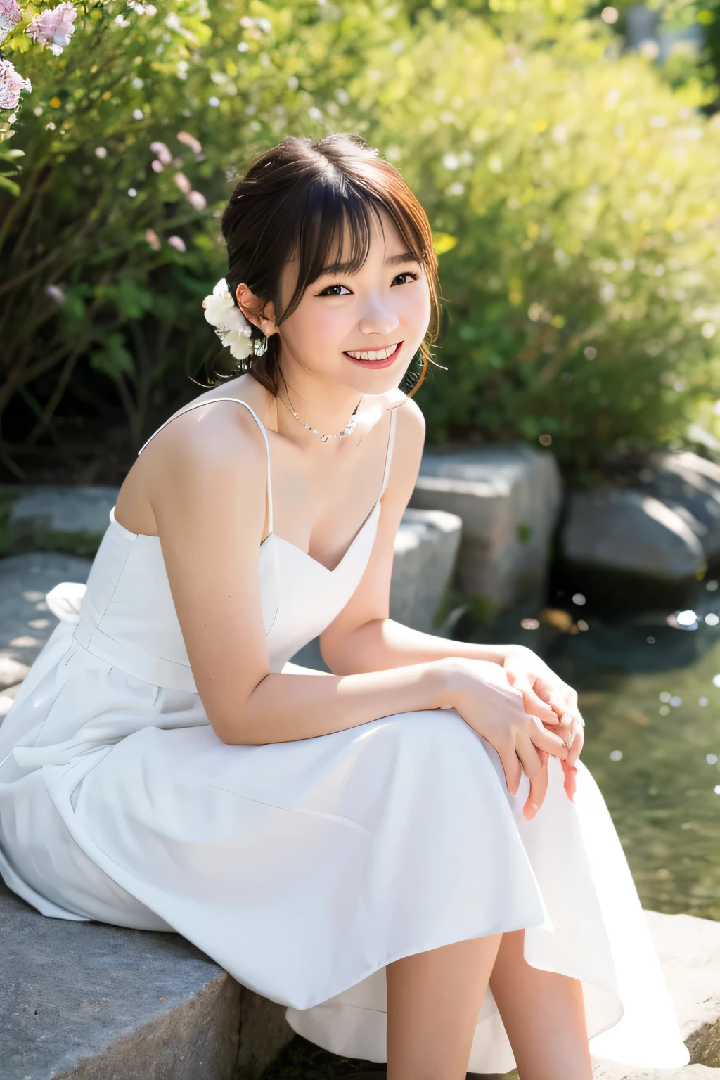 photograph,Highest quality,Japanese,Perfect Face,delicate,one person,,Sitting,Smiling,White Dress