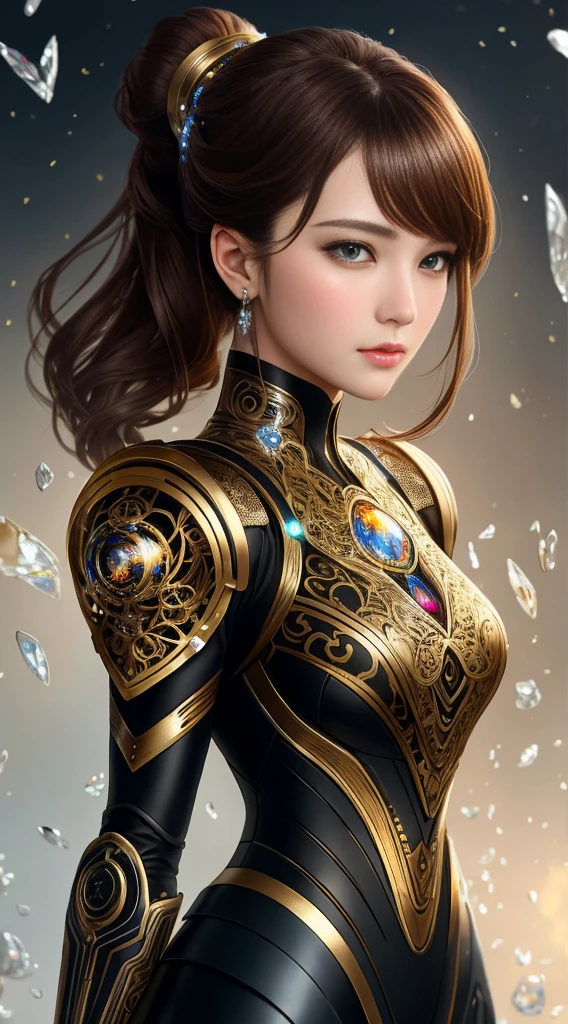 8k portrait of beautiful robot with brown hair,complex,grace,Very detailed,Grandiose,Digital Photography,Artgerm Surrealist painting filigree art with Nguyen Jia and Greg Rutkovsky,shattered glass,(masterpiece,Side seams,Delicate and beautiful eyes:1.2 ), Human Development Report,