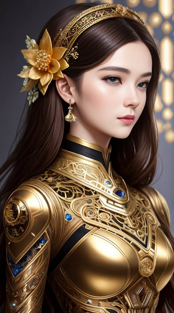 8k portrait of beautiful robot with brown hair,complex,grace,Very detailed,Grandiose,Digital Photography,Artgerm Surrealist painting filigree art with Nguyen Jia and Greg Rutkovsky,shattered glass,(masterpiece,Side seams,Delicate and beautiful eyes:1.2 ), Human Development Report,