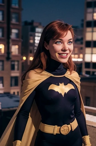 babs, red hair, blue eyes, black bodysuit, belt, cape, gloves, looking at viewer, smiling, happy, 
outside, apartment roof, cityscape, night, moon, extreme detail, hdr, beautiful quality,   Breas