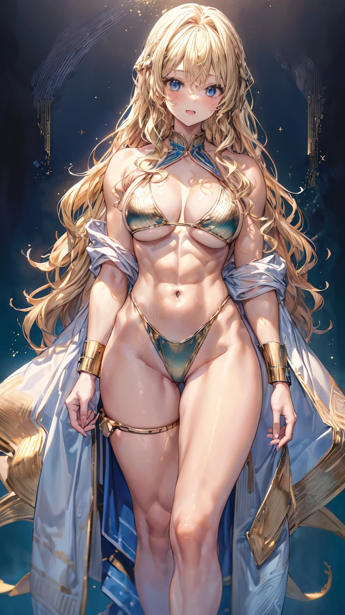 (Adult women:1.5)、Very detailed、highest quality、Best image quality、masterpiece、8k、Anime Face、A kind smile、(Open your mouth:1.3)、Sparkling blue eyes、(Blonde Wavy Hair:1.5)、、Muscles of the whole body、(High leg:1.5)、Thigh belt、(Wearing a gold bikini:1.5)、(Cowboy Shot:1.5)、SFW Giant