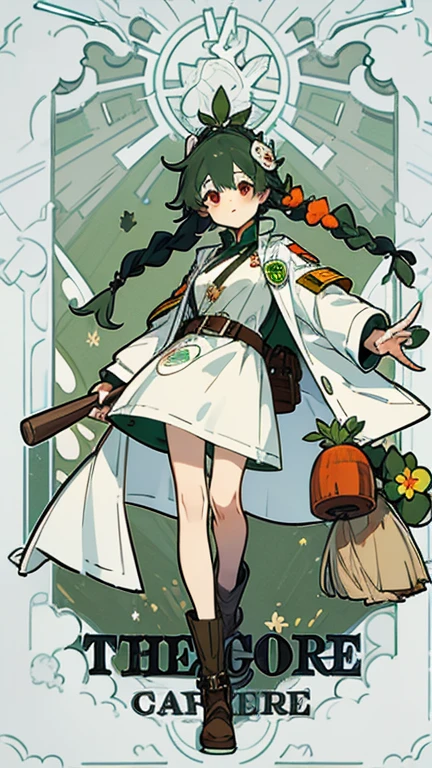 Victorian style, British background, Three No, Maid，broom, Red eyes,  whole body圖, figure, Standing image,younger sister, Cheerful，Lovely, fantastic, mystery，Adventure boots，whole body，figure设定图，charactermorpg的Three View，1 girl，Green Hair，Double braid hairstyle，White long loose coat，Light sense of technology，Stockings，figure设定图，Three View，whole body圖，Yellow green and white，Work badge hanging around neck，Metal badge，carrot hair ornament，belt，Leg straps，Four Leaf Clover，Plant decoration，apron，witch，大帽檐witch帽。