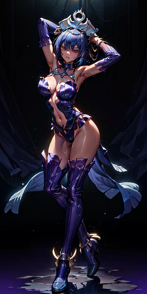 (BEST lighting) (ultra intricately detailed) 4K unification (super detailed CG: 1.2) (8K: 1.2) (Original) Anime-ish (high quality, masterpiece,  best quality, absurderes) ((masterpiece, 4K, 8K, Yes, high resolution)) 1girl. She is in the ballet studio, ballet costume, bulging blood vessels on the arm, arms up showing shaved armpits, military boots, perfect figure, Short purple asymmetrical hair, sweat, practice dance studio background (Beautiful bace) (Girl) (Female) (((full  body:1)))