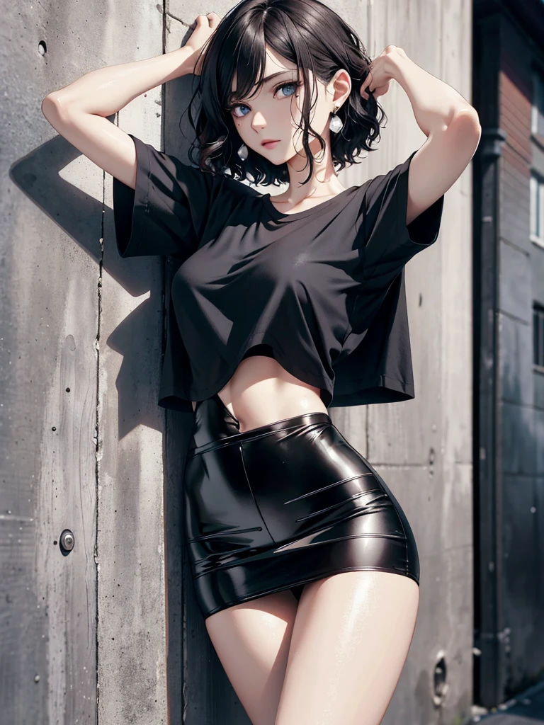 absurdres, RAW photo, extremely delicate and beautiful, masterpiece, Best Quality, ultra high resolution, 32k, hyperrealistic, ultra-detailed, perfect anatomy, anatomically correct, perfect figure, super Detailed skin, pale skin, 20 years old, very Slim body, narrow waist, very small head, very small face, delicate facial features, detailed face, detailed eyes, tearful mole, earring, thin legs, bare legs, very huge round breasts, short medium hair, ((wavy hair)), wet clothes, tight skirt, cropped T-shirt, Leaning against wall, arms up behind,