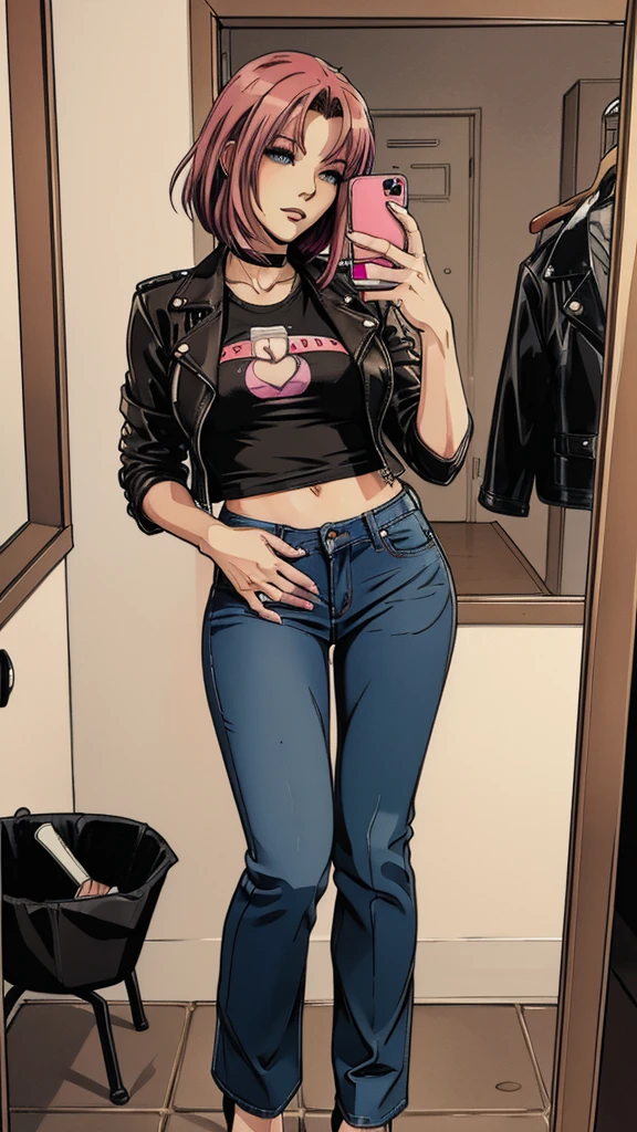 vector image, 2d cartoon,masterpiece, An anime woman, blush,colored hair, provocative makeup,tight bootcut jeans, heels, helpless horny pose, leather dark jacket, t-shirt, taking selfie, in restroom,