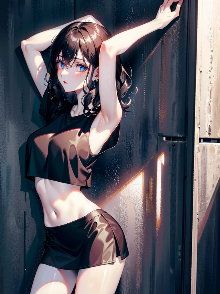 absurdres, RAW photo, extremely delicate and beautiful, masterpiece, Best Quality, ultra high resolution, 32k, hyperrealistic, ultra-detailed, perfect anatomy, anatomically correct, perfect figure, super Detailed skin, pale skin, 20 years old, very Slim body, narrow waist, very small head, very small face, delicate facial features, detailed face, detailed eyes, tearful mole, earring, thin legs, bare legs, very huge round breasts, short medium hair, ((wavy hair)), wet clothes, tight skirt, cropped T-shirt, Leaning against wall, arms up behind,