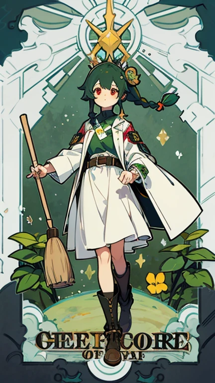 Victorian style, British background, Three No, Maid,broom, Red eyes, whole body圖, figure, Standing image,younger sister, Cheerful,Lovely, fantastic, mystery,Adventure boots,whole body,figure设定图,charactermorpg的Three View,1 girl,Green Hair,Double braid hairstyle,White long loose coat,Light sense of technology,Stockings,figure设定图,Three View,whole body圖,Yellow green and white,Work badge hanging around neck,Metal badge,carrot hair ornament,belt,Leg straps,Four Leaf Clover,Plant decoration,apron,witch,大帽檐witch帽,Tea picking,tea。