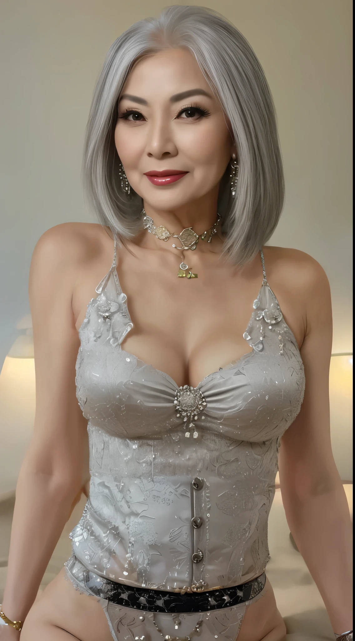 75 years old Mom MILF Chinese Lady large earring Big choker navel piercing decoration A bracelet Silver Hair realisitic Gorgeous Madame Beautiful Mature Woman sexy Smile Gentle woman navel piercing 4K High quality hotel rooms girdle race Gorgeous Madame Beautiful Mature Woman