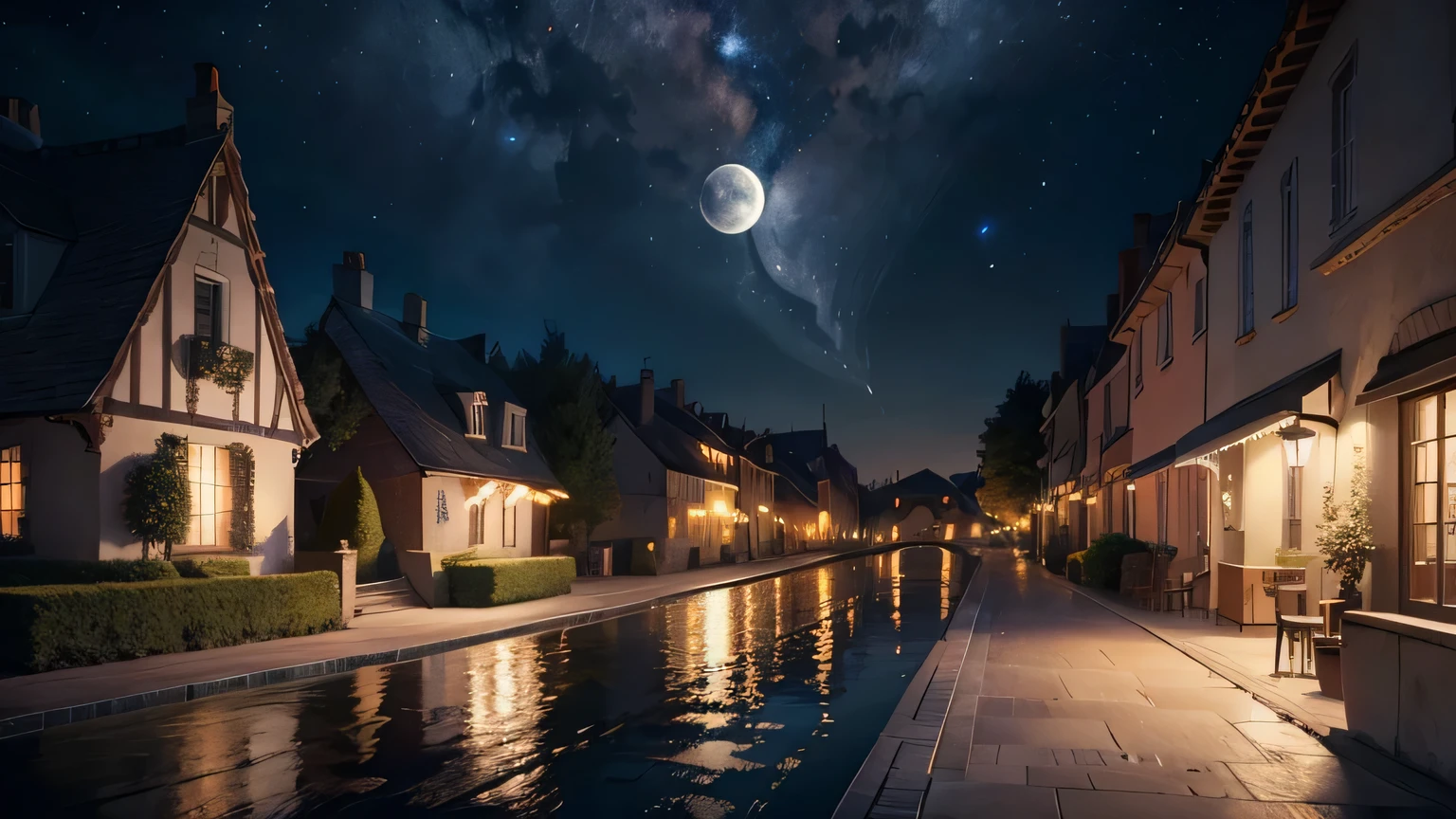tard le soir, a full moon in the starry sky, street lamps, le vent souffle sur les arbres dans la rue, un livre à travers la fenêtre ouverte de la maison, beautiful HD cartoon scenes, beau paysage de dessin animé HD, ciel de nuit, art dessin animé HD. As you marvel at the view before you, 8K, ultra-HD,