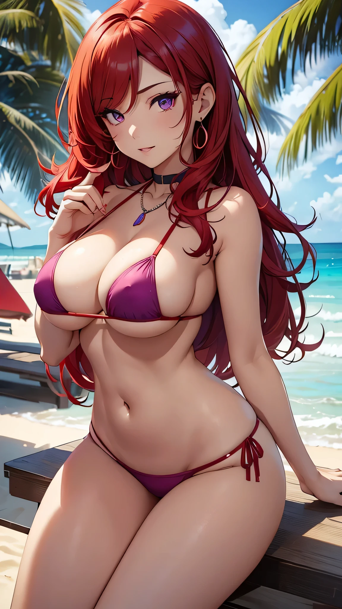 beautiful girl, Bright red hair、Big Breasts、 Detailed purple eyes, Sexy white bikini,Firm breasts,Big cleavage、necklace、Earrings、Sexy look、Poses that accentuate the chest、(forward leaning posture),background(Beach)