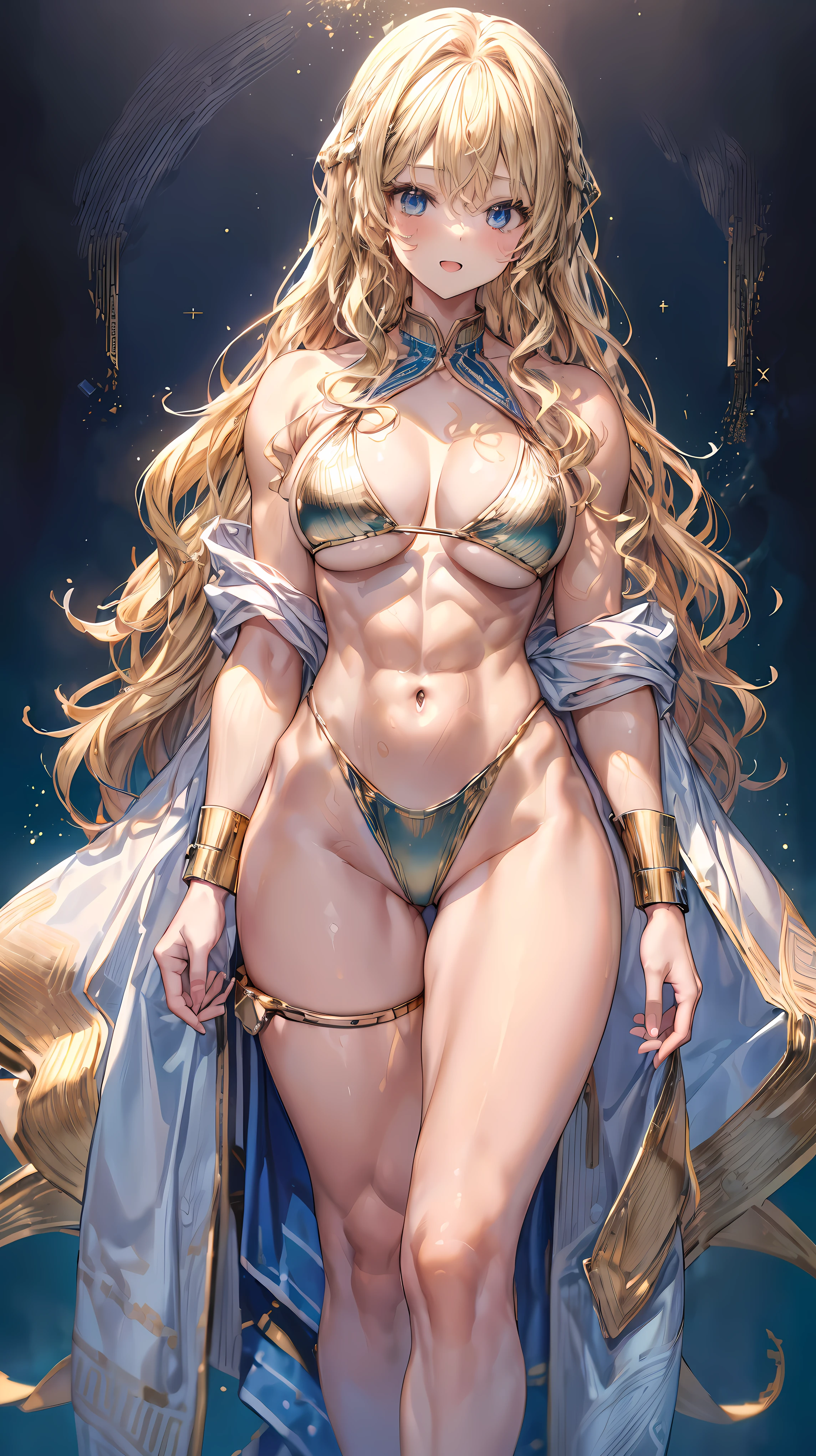 (Adult women:1.5)、Very detailed、highest quality、Best image quality、masterpiece、8k、Anime Face、A kind smile、(Open your mouth:1.3)、Sparkling blue eyes、(Blonde Wavy Hair:1.5)、、Muscles of the whole body、(High leg:1.5)、Thigh belt、(Wearing a gold bikini:1.5)、(Cowboy Shot:1.5)、SFW Giant