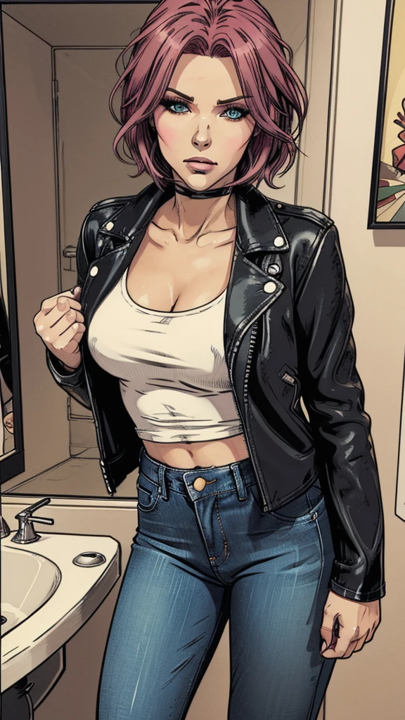 vector image, 2d cartoon,masterpiece, An anime woman, blush,colored hair, provocative makeup,tight jeans, heels, helpless horny pose, leather black biker jacket, t-shirt, taking selfie, in restroom,