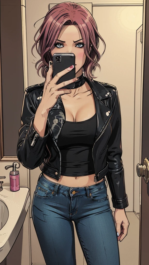 vector image, 2d cartoon,masterpiece, An anime woman, blush,colored hair, provocative makeup,tight jeans, heels, helpless horny pose, leather black biker jacket, t-shirt, taking selfie, in restroom,