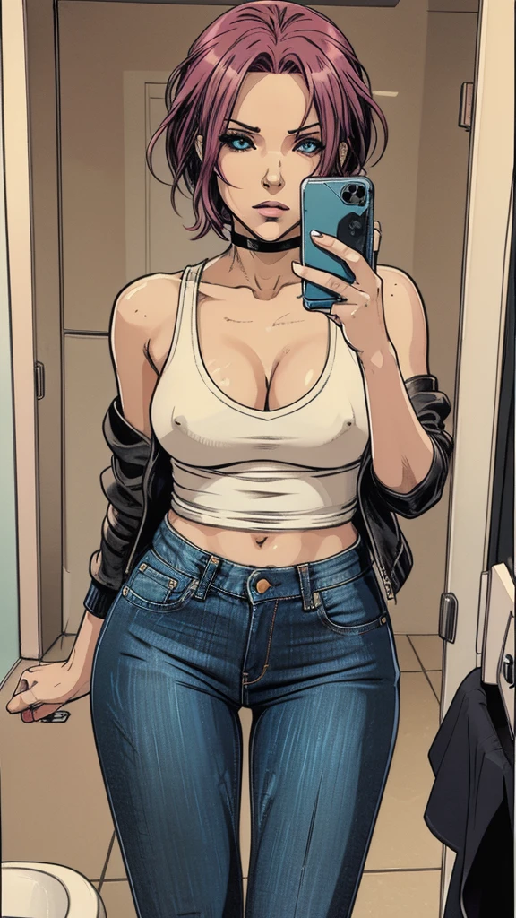vector image, 2d cartoon,masterpiece, An anime woman, blush,colored hair, provocative makeup,tight jeans, heels, helpless horny pose, leather black biker jacket, t-shirt, taking selfie, in restroom,