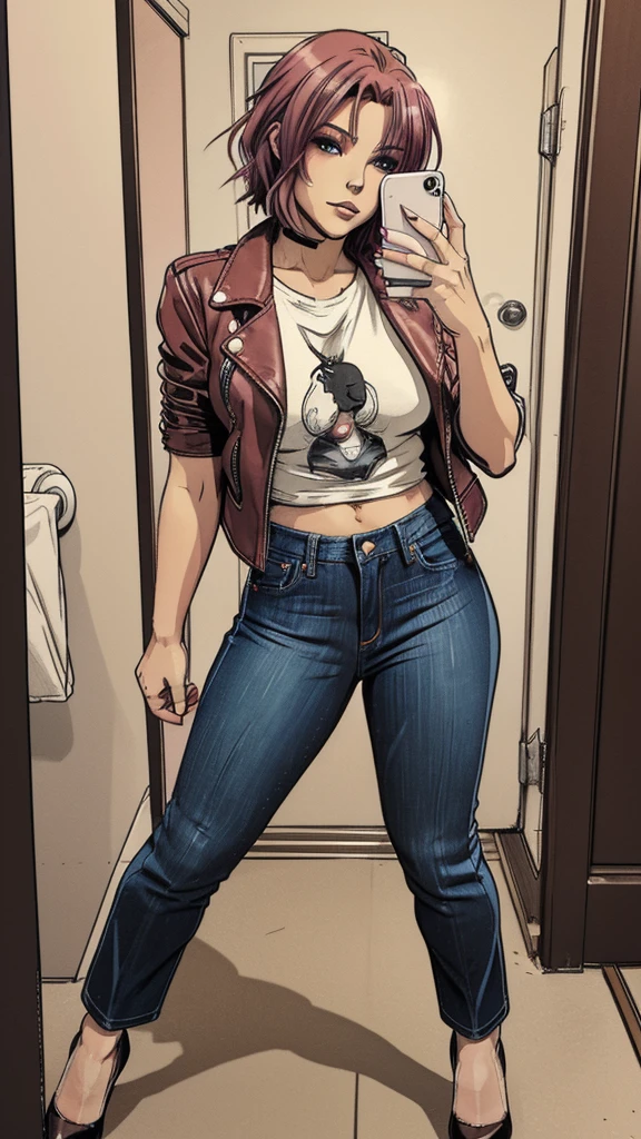 vector image, 2d cartoon,masterpiece, An anime woman, blush,colored hair, provocative makeup,tight bootcut jeans, heels, horny pose, leather dark jacket, t-shirt, taking selfie, in restroom,