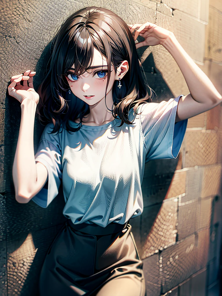 absurdres, RAW photo, extremely delicate and beautiful, masterpiece, Best Quality, ultra high resolution, 32k, hyperrealistic, ultra-detailed, perfect anatomy, anatomically correct, perfect figure, super Detailed skin, pale skin, 20 years old, very Slim body, narrow waist, very small head, very small face, delicate facial features, detailed face, detailed eyes, tearful mole, earring, thin legs, bare legs, very huge round breasts, short medium hair, ((wavy hair)), wet clothes, tight skirt, cropped T-shirt, Leaning against wall, arms up behind,