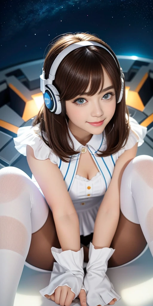 (Top view),Dynamic Angle,Super detailed, illustration, close up, straight on, 1 Girl, 
 ((come from《special attack》of followers, interface headset, White tights:1.4, Brown hair)),Her eyes shone like dream stars,(Glowing eyes:1.233),(Beautiful and delicate eyes:1.1),(Naughty smile),(Active posture),
(night:1.2),dream, [[slender fingers and hands:0.55]::0.85],(Details refer to),
