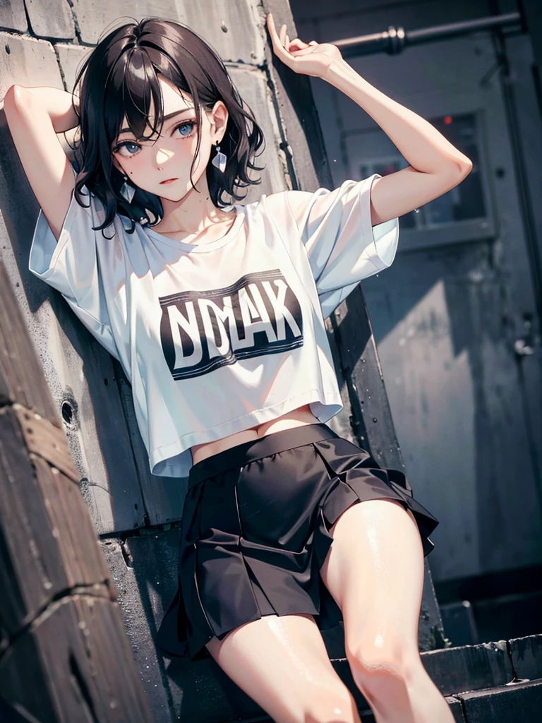 absurdres, RAW photo, extremely delicate and beautiful, masterpiece, Best Quality, ultra high resolution, 32k, hyperrealistic, ultra-detailed, perfect anatomy, anatomically correct, perfect figure, super Detailed skin, pale skin, 20 years old, very Slim body, narrow waist, very small head, very small face, delicate facial features, detailed face, detailed eyes, tearful mole, earring, thin legs, bare legs, very huge round breasts, short medium hair, ((wavy hair)), wet clothes, tight skirt, cropped T-shirt, Leaning against wall, arms up behind,
