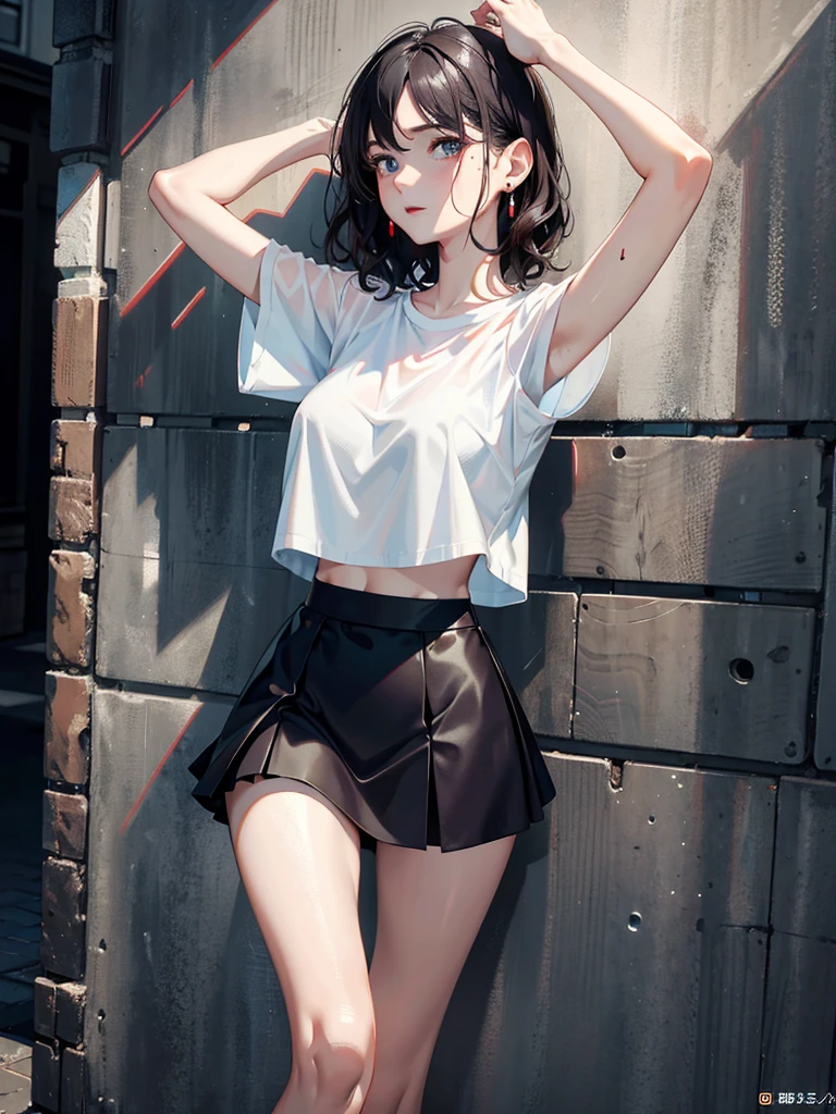 absurdres, RAW photo, extremely delicate and beautiful, masterpiece, Best Quality, ultra high resolution, 32k, hyperrealistic, ultra-detailed, perfect anatomy, anatomically correct, perfect figure, super Detailed skin, pale skin, 20 years old, very Slim body, narrow waist, very small head, very small face, delicate facial features, detailed face, detailed eyes, tearful mole, earring, thin legs, bare legs, very huge round breasts, short medium hair, ((wavy hair)), wet clothes, tight skirt, cropped T-shirt, Leaning against wall, arms up behind,