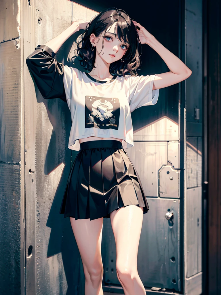 absurdres, RAW photo, extremely delicate and beautiful, masterpiece, Best Quality, ultra high resolution, 32k, hyperrealistic, ultra-detailed, perfect anatomy, anatomically correct, perfect figure, super Detailed skin, pale skin, 20 years old, very Slim body, narrow waist, very small head, very small face, delicate facial features, detailed face, detailed eyes, tearful mole, earring, thin legs, bare legs, very huge round breasts, short medium hair, ((wavy hair)), wet clothes, tight skirt, cropped T-shirt, Leaning against wall, arms up behind,