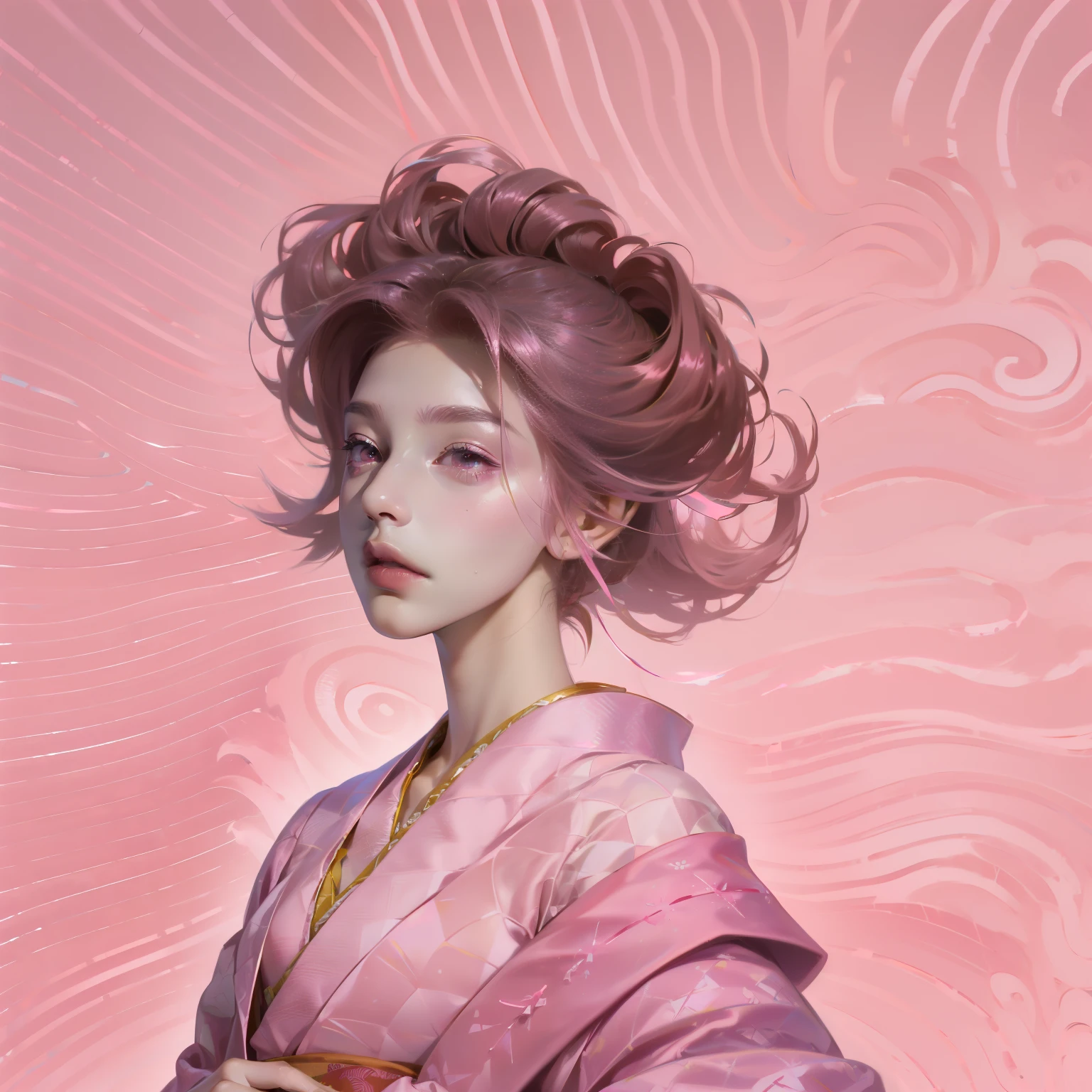 masterpiece, best quality, high resolution, Venus 1,1 Girl, Solitary, Tsuko Kamoto, bamboo, Brown hair, (((pink ribbon)) Check belt, gag, gag, Gradient hair, Feather, Japanese clothes, kimono, Long hair, Looking at the audience, Pink Eyes, pink kimono, pink ribbon, Solitary,