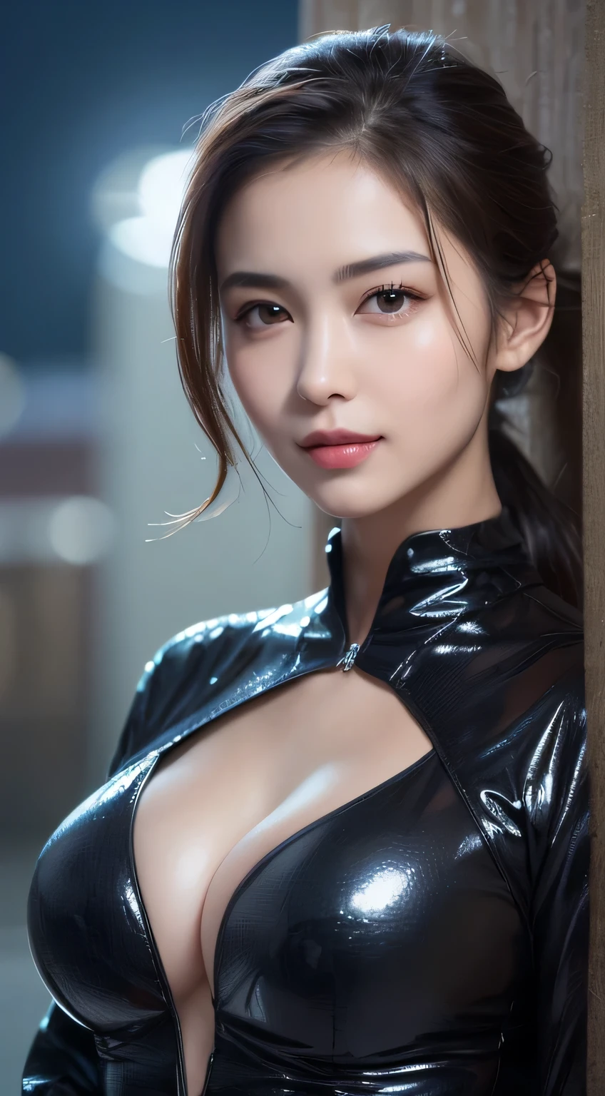 Kimono beauty, body portrait, 8K, thin and beautiful eyes, Dindal effect, masterpiece, top quality, high quality, high resolution, very detailed photo, (natural skin texture, fine skin, hyperrealism, super sharpness) , high detail skin, (very fine, fine skin texture, intricate details, beautiful face, (realistic face), realistic eyes, beautifully detailed eyes, ponytail, realistic skin, beautiful skin, surreal, Highly detailed, golden ratio, smiling eyes, ((night moonlight background) ), body portrait, oily skin, shiny skin, shiny skin with oil, big breasts, huge breasts, big breasts, erotic body, glamorous, pilot suit , cleavage, all wet