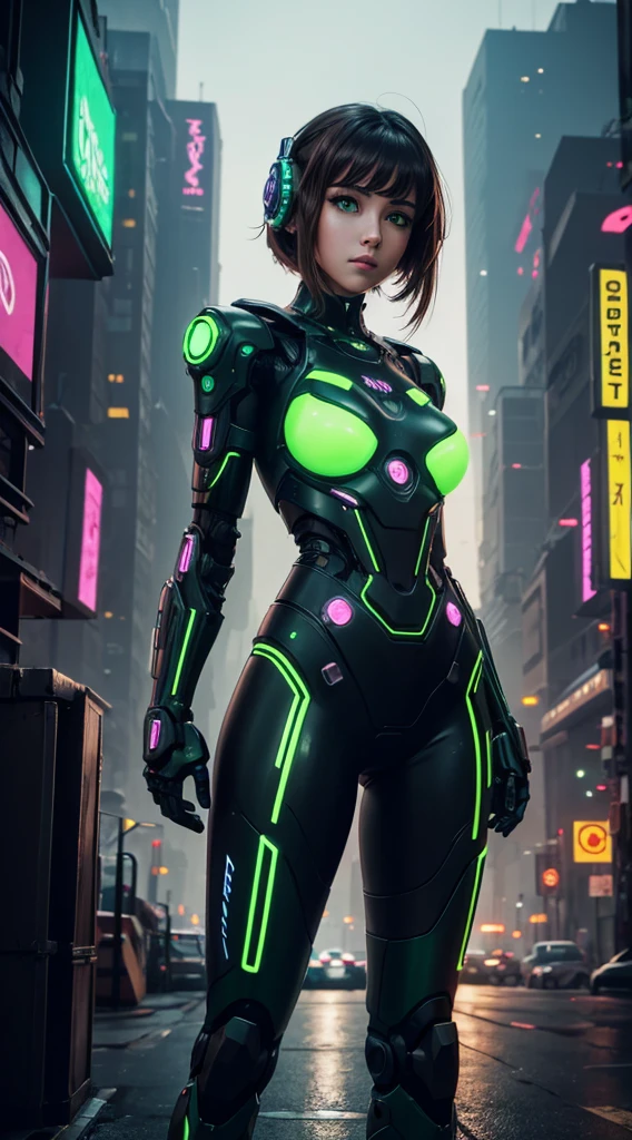 girl, Robot, Green Eyes, Cyberpunk city background, Neon, Dark brown hair, Greeting Posture, masterpiece, Super high details