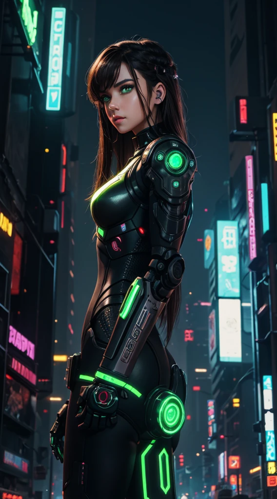 girl, Robot, Green Eyes, Cyberpunk city background, Neon, Dark brown hair, Greeting Posture, masterpiece, Super high details