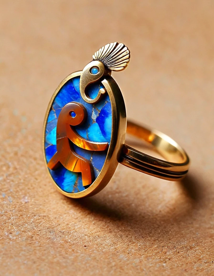 in style of Ming Dynasty period ,Kokopelli playing the flute holds an oval double brown and blue-orange opal stone minimalist abstract ring design,Indian elements,The matching stones are small amounts of lapis lazuli and turquoise,,Clams,feather,gem,Retro,Old,Soft Light