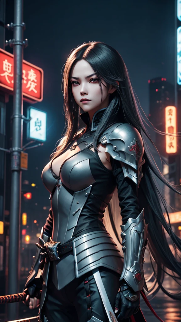 1 Japanese girl, War Armor, complex patterns, Heavy Metals, energy line, The Faceless, Glowing eyes, elegant, powerful, Blood red and black, Solitary, Modern, City, A City scape, dark clouds, thunderstorm, Heavy rain,, Dramatic Lighting,, (On the table:1.2), best quality, high resolution, Beautiful and detailed, Very detailed, Perfect lighting,