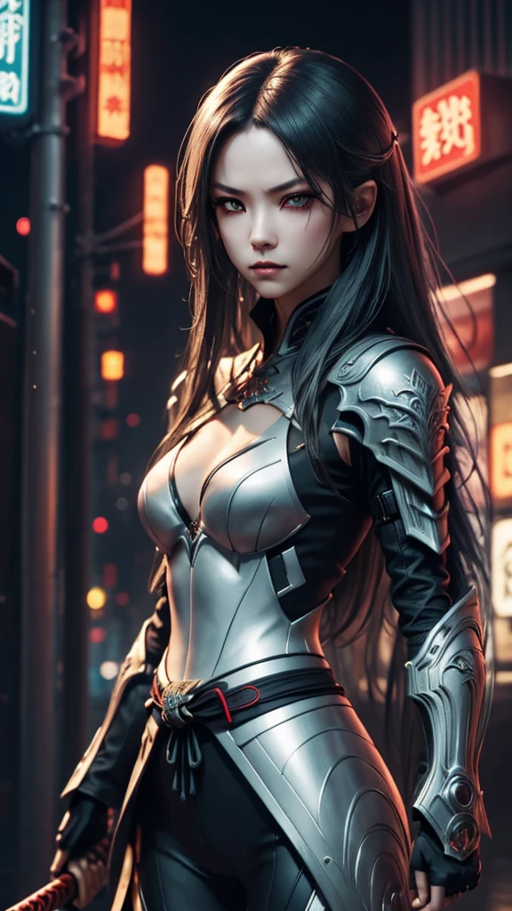 (best quality,high resolution),一位白发纹身女武士站在Neon闪烁的街道中央,Neon,illuminated signs,Reflections on wet road,abstract pattern,Graffiti,city View,High buildings,Melancholy atmosphere,Distant future skyline,Shadows and Highlights,Sharp details,Vibrant colors,anime style,Dark Colors and Contrast,City lights at night,Urban Fortitude,Determine the expression,Tough stance,(Raise the katana),Decorate armor and weapons,Sparkling tattoos,Flowing hair,Bright and bold composition,Stunning visual impact,Mysterious atmosphere,Ethereal Light
